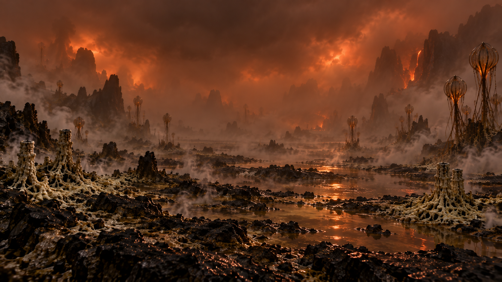 Storm-lit valley with bloom-mat and vent-tower growths, a steaming mineral river, lightning-lit peaks behind.