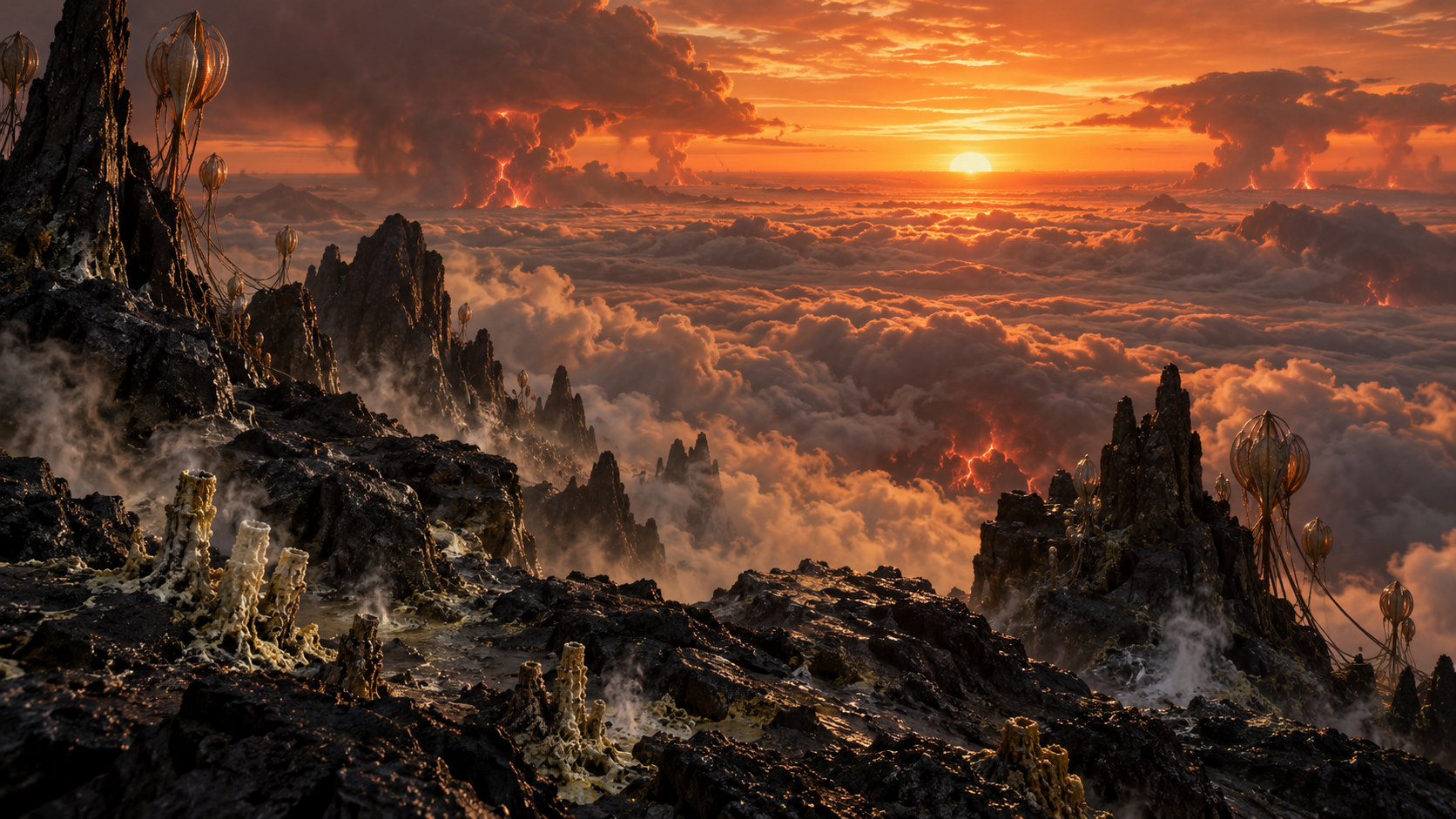 Looking out over an unbroken cloud deck at sunset from a jagged, vent-tower-lined ridge; eruptions glow on the horizon.
