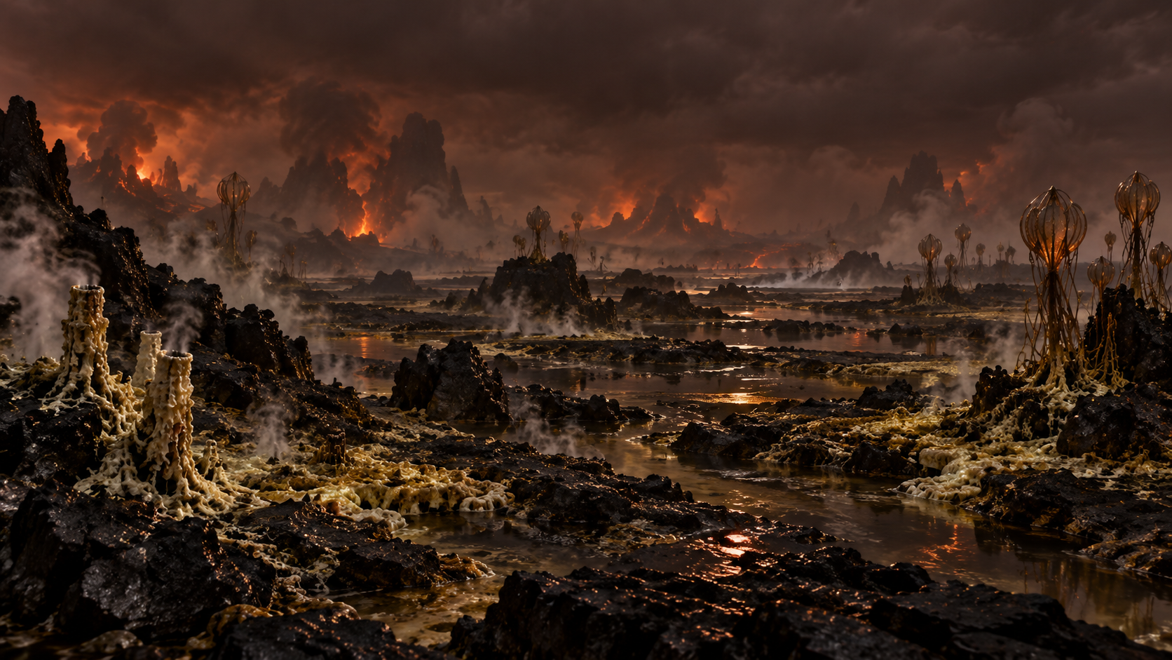 Same valley type from a different angle — vent towers, steam, a lit river under a stormy sky.