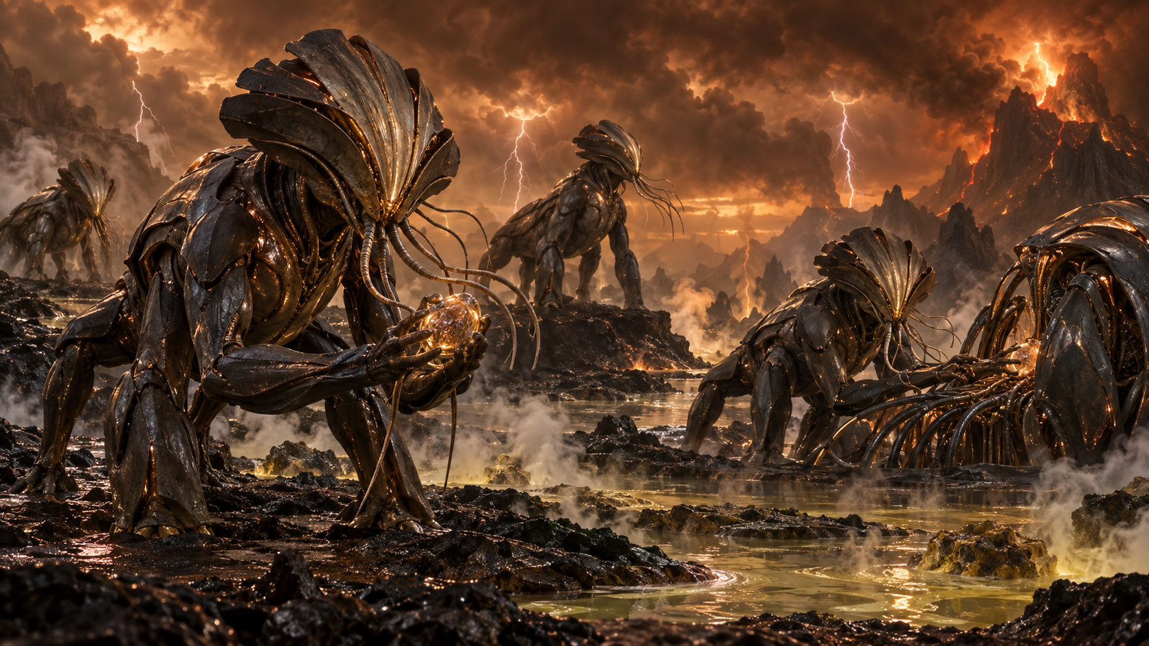 Tall, armored, insectoid-humanoid figures at a hydrothermal pool, one holding a glowing sphere.