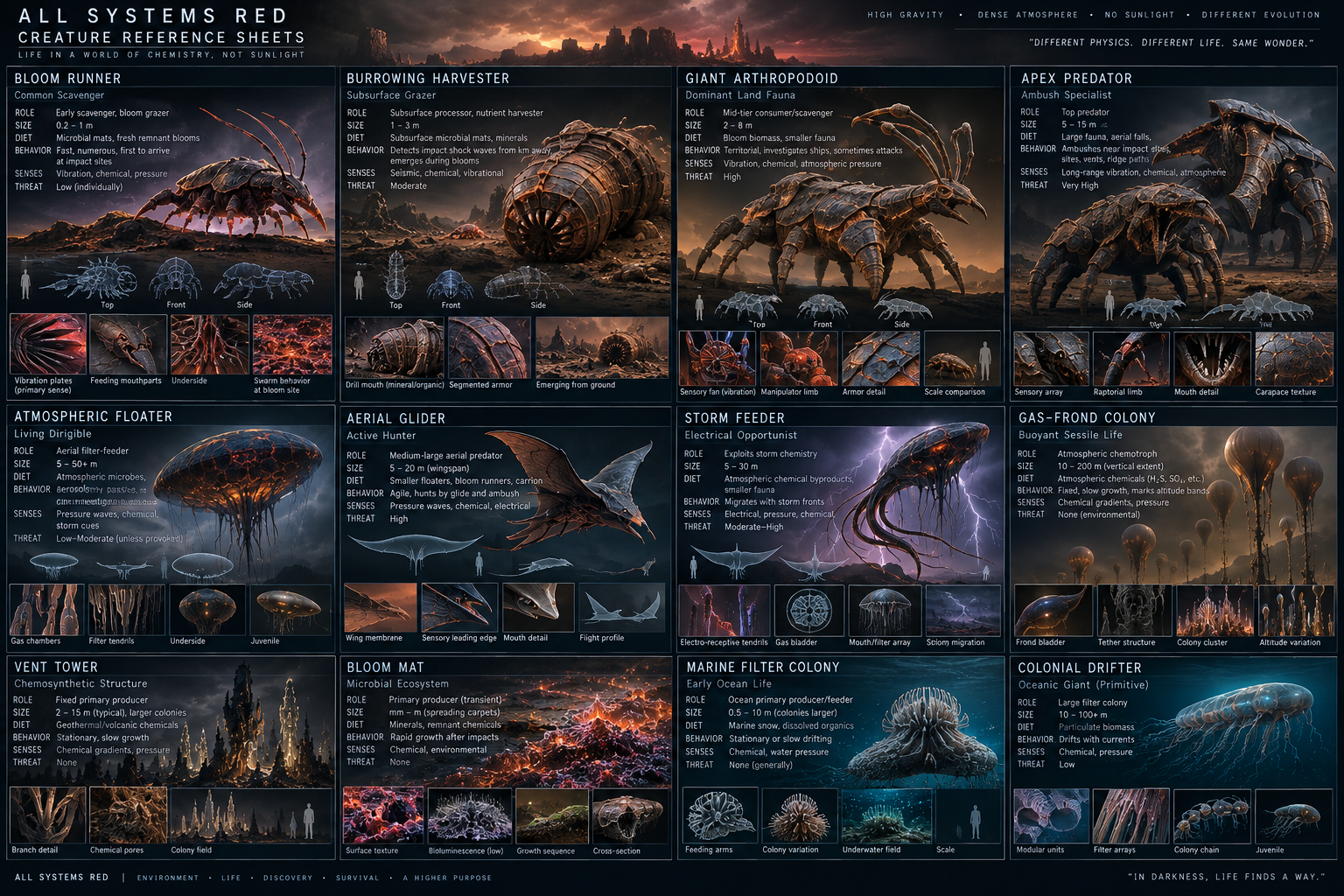 Creature Reference Sheets: twelve creatures with role, size, diet, senses, threat and detail crops.