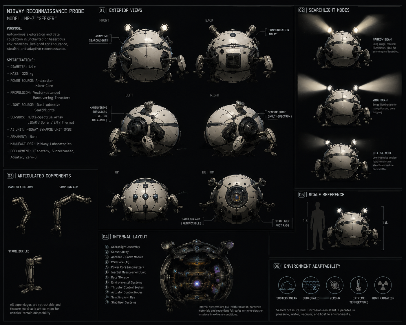 Midway Reconnaissance Probe MR-7 Seeker spec sheet: exterior views, searchlight modes, articulated arms, internal layout, scale, environment ratings.