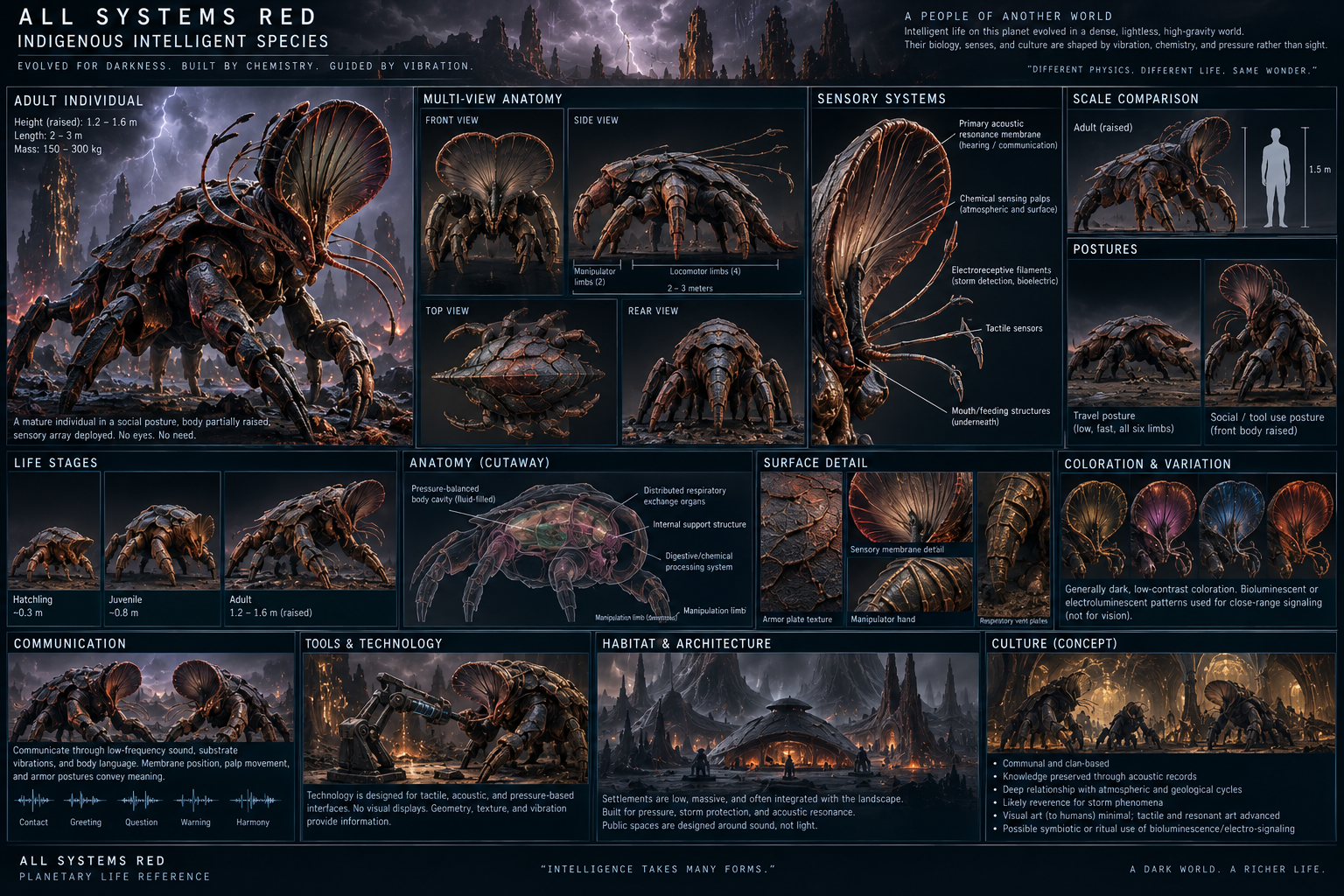 An underground golden city with domes, spires, flying fish-like creatures, robed figures, and the MR-7 probe in the foreground.