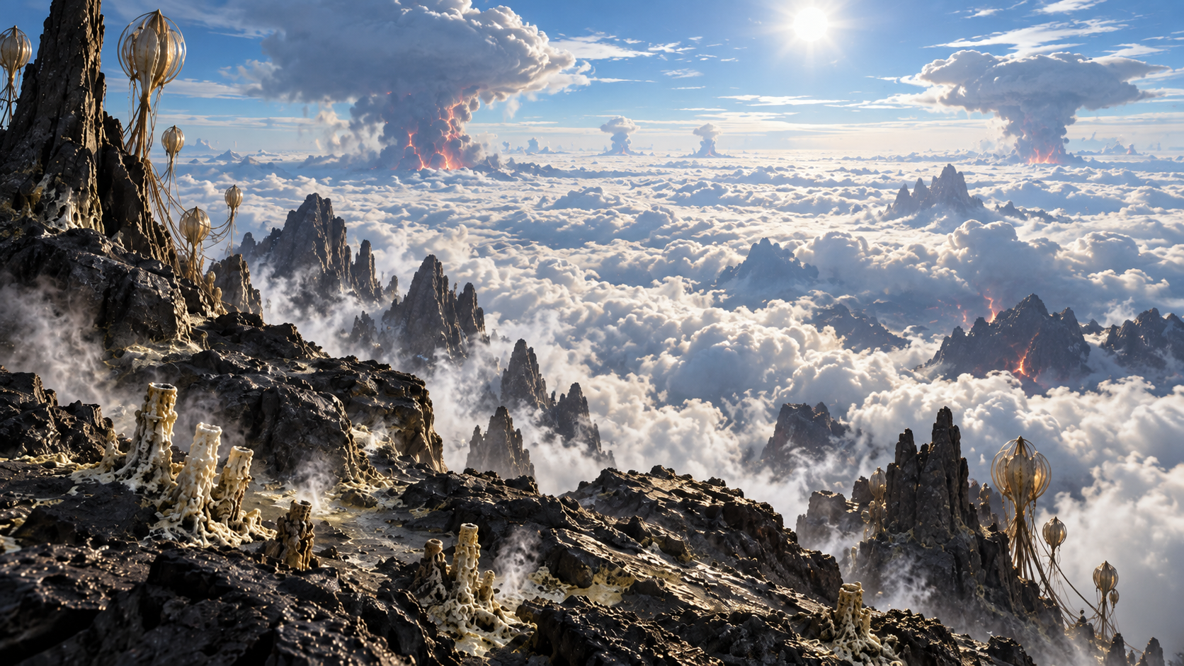 Above the cloud deck in clear daylight, sun visible, eruption columns breaking the cloud surface below.