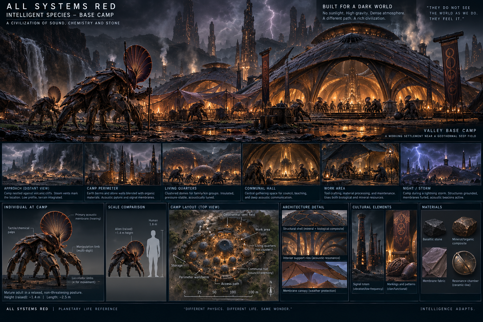 Intelligent Species Base Camp infographic: approach, perimeter, living quarters, communal hall, work area, layout and culture, for a native arthropodoid people.