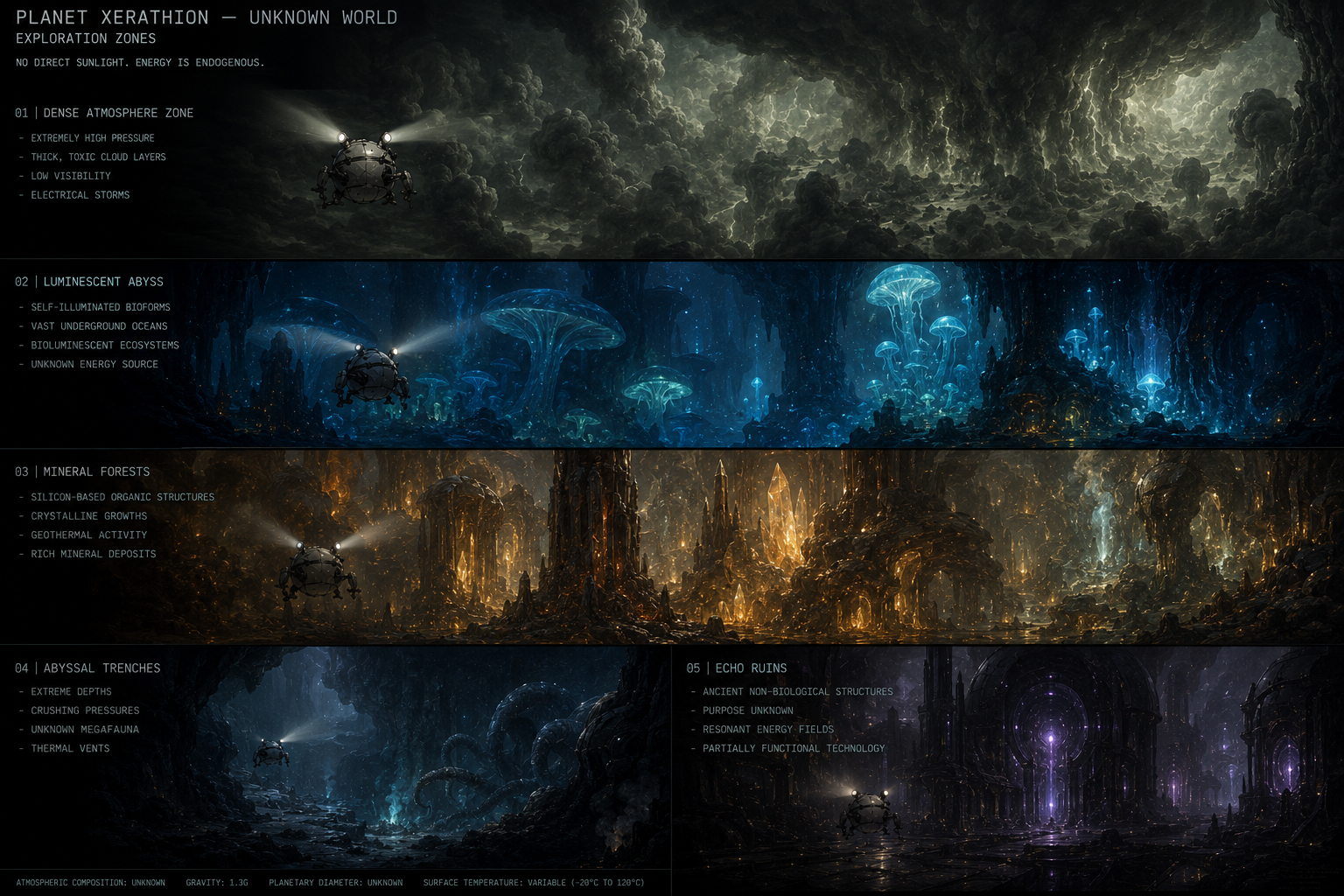 Planet Xerathion, Unknown World: five exploration zones — dense atmosphere, luminescent abyss, mineral forests, abyssal trenches, echo ruins — shown with the MR-7 probe.