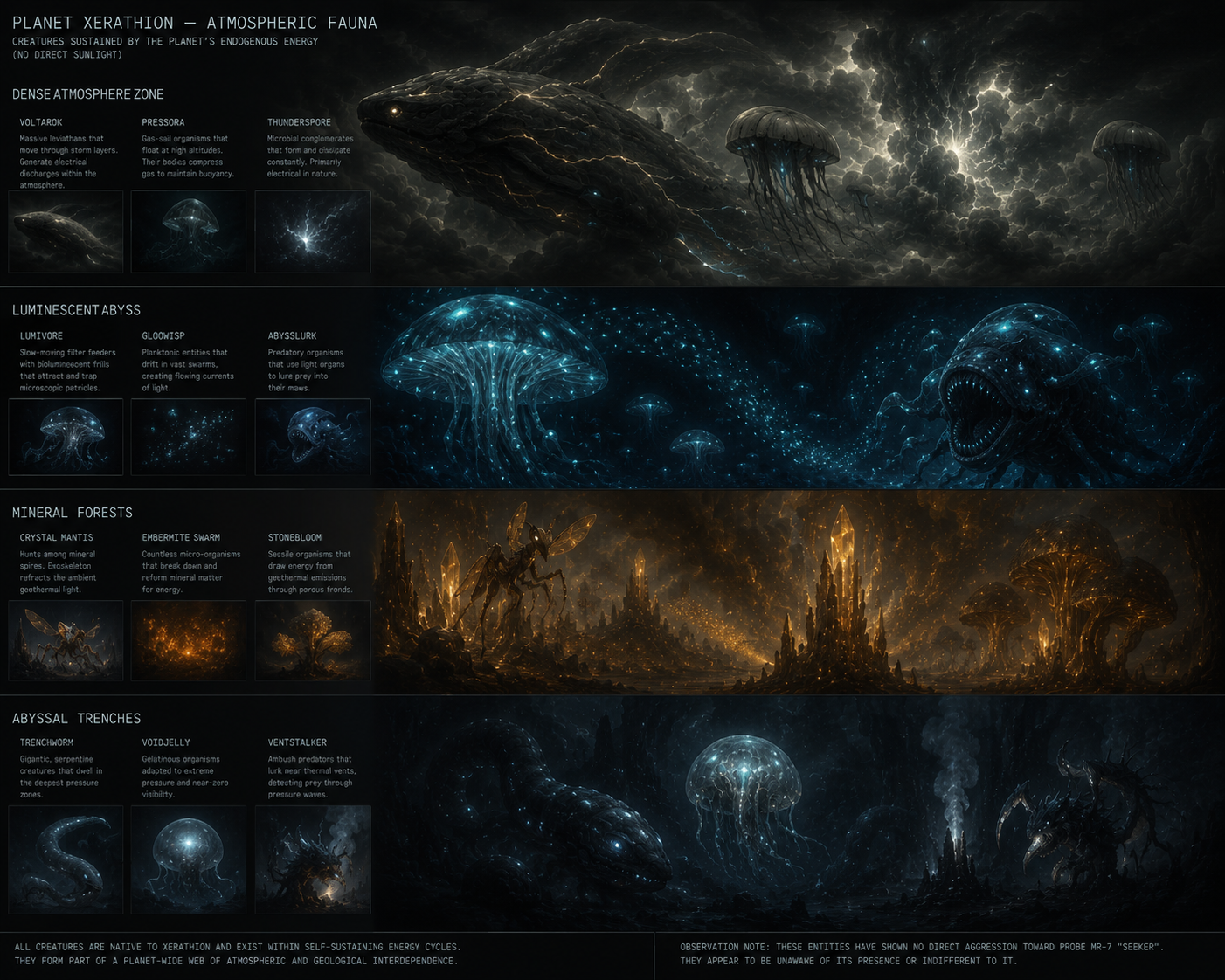 Planet Xerathion, Atmospheric Fauna: Voltarok, Pressora, Thunderspore, Lumivore, Gloowisp, Abysslurk, Crystal Mantis, Embermite Swarm, Stonebloom, Trenchworm, Voidjelly, Ventstalker.
