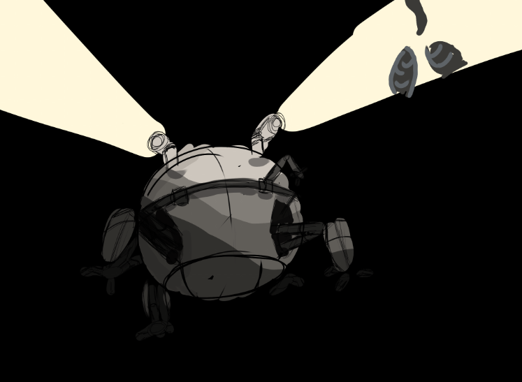 Hand-drawn sketch of the pod from the front with two searchlight beams crossing the dark and small creature silhouettes at the beam's edge.